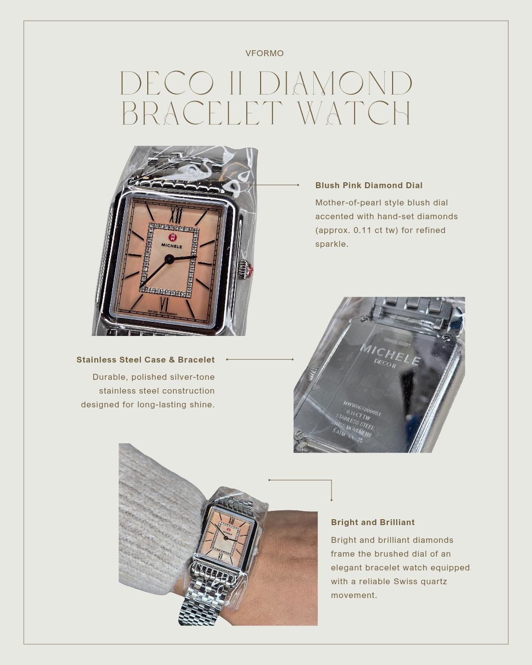 Michele Deco II Diamond Bracelet Watch with product details on a light gray background