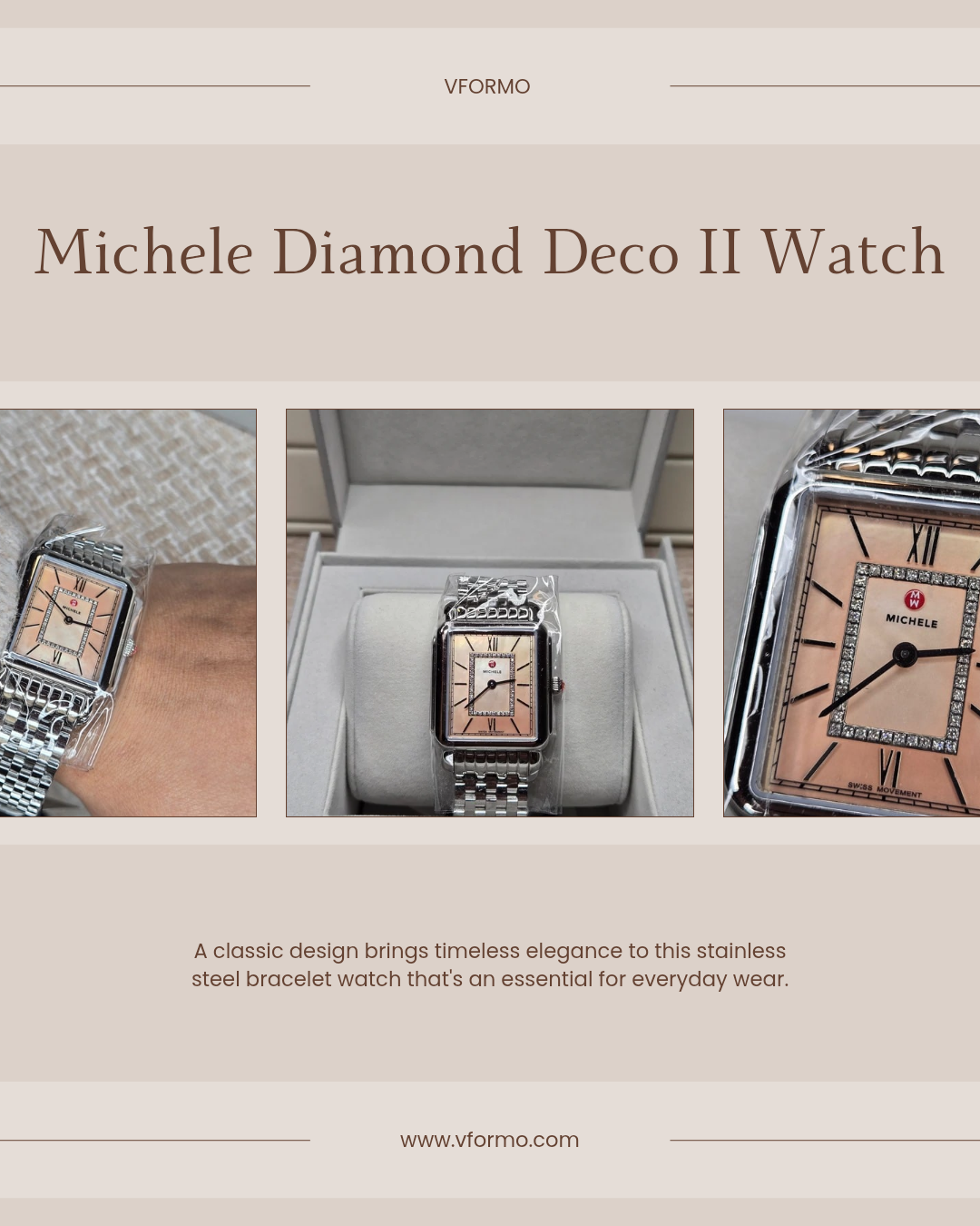 Michele Diamond Deco II watch with close-up shots and product packaging on a beige background.