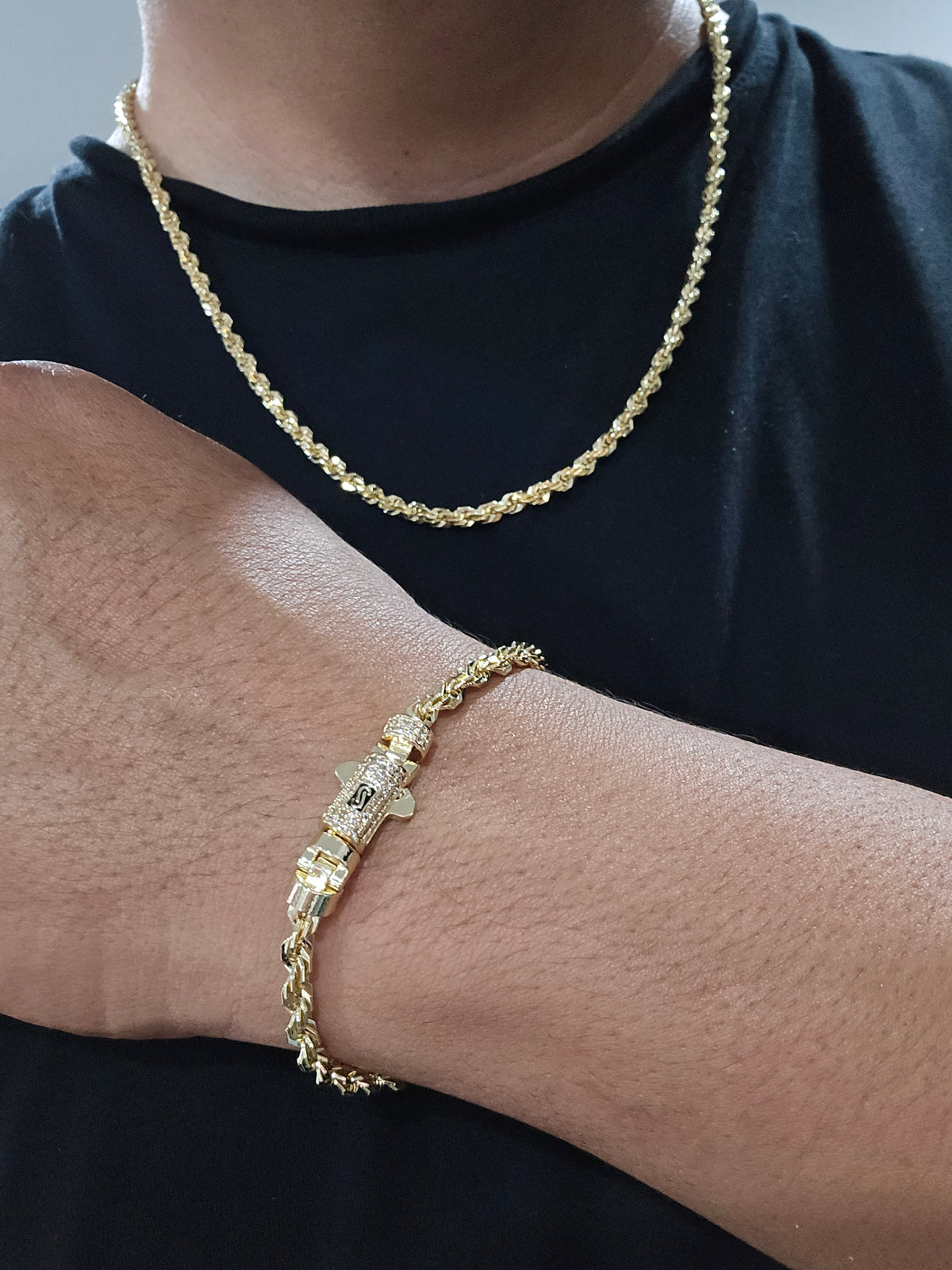 18K Gold Filled Monaco Rope Chain & Bracelet Set – CZ Clasp